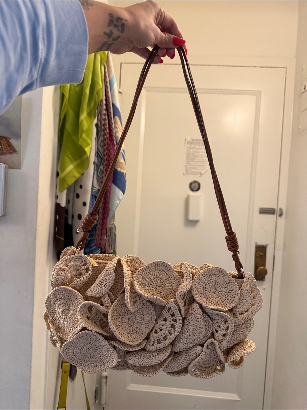 FARM Rio Beige Crochet Floral Shoulder Bag with Brown Strap